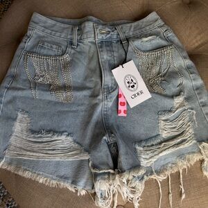 Cider Light Blue Distressed Jean Shorts with Embellishments